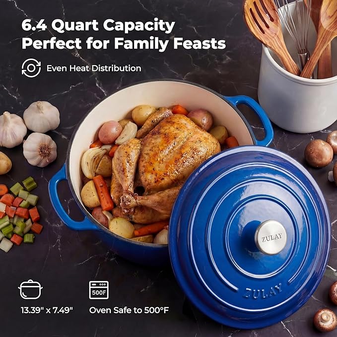 Zulay Kitchen 6 Quart Enameled Cast Iron Dutch Oven Pot with Lid – Premium Durability & Oven Safe up to 500°F – Heavy Duty Cookware Perfect for Bread Baking, Stews, Braising & Roasting – Blue