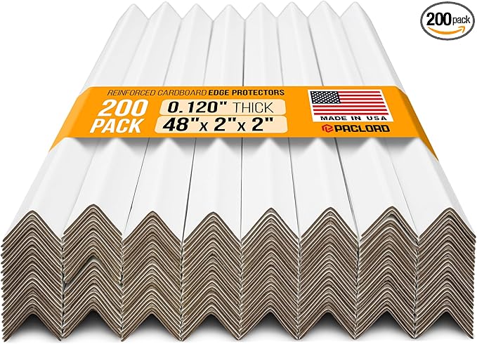 48" x 2" x 2" Reinforced Cardboard Edge Protectors, White (Pack of 200) – 0.12" Thick Medium-Duty Cardboard Corner Protectors for Shipping – American Quality V-Board Pallet Edge Guard
