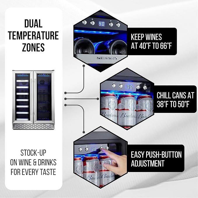 Phiestina Beverage Refrigerator, 24 Inch Wine and Beverage Fridge, Under Counter Wine Cooler- 20 Bottles & 78 Cans, Built-in/Freestanding Dual Zone with Glass Door