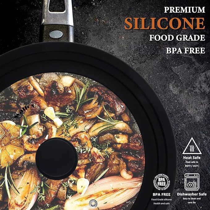 Universal Lid for Pots, Pans and Skillets - Walfos Tempered Glass Pan Lid with Heat Resistant Silicone Rim, Multi-Sizes BPA Free Pot Lids Fits 8", 9" and 9.5" Diameter Cookware, Dishwasher-Safe, Black