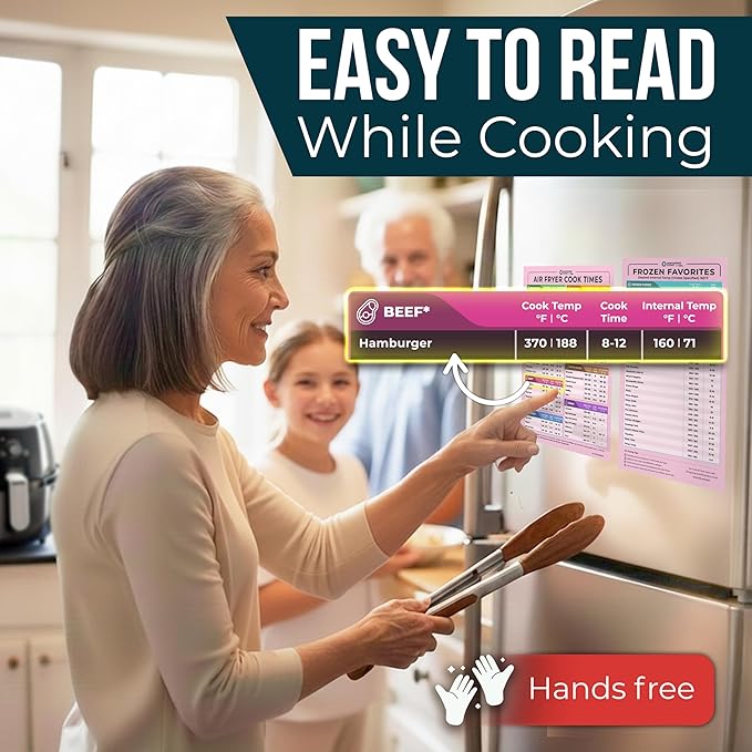 Cathy Yoder's Air Fryer Cheat Sheet Set, Air Fryer Accessories, AirFryer Cooking Guide Magnetic Cheat Sheet, AirFryer Cook Times Chart Magnet, Internal Food Temp for 80+ Popular Foods - Pink