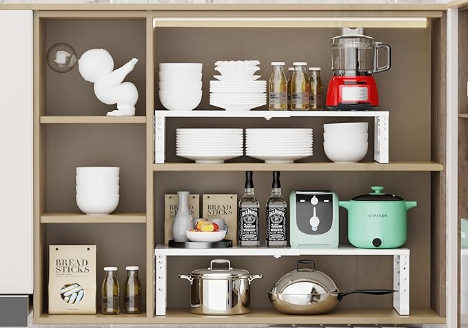 Expandable Stackable Spice Rack Organizer for Kitchen Cabinet,Adjustable Counter Shelf, countertop, Pantry,Cupboard,Bathroom,Bedroom(2Packs/White/Medium)