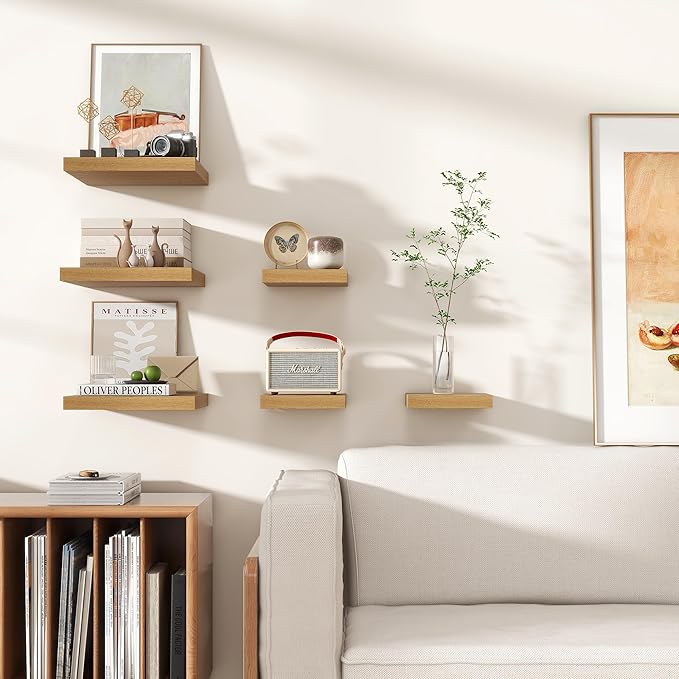 Square Floating Shelves for Wall 12"W x 12"D x 1.2"H, Small Engineered Wood Wall Shelves with Invisible Brackets for Living Room Bedroom Bathroom Office Kitchen Storage & Decor, Oak Finish, Set of 3