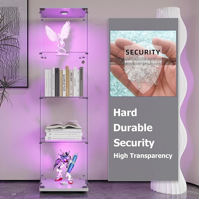 4-Shelf LED Lights Glass Display Cabinet, Floor Standing Glass Curio Cabinet with Door & Lock, Toys & Trophy Display Case for Living Room, Bedroom & Exhibition Hall (White)