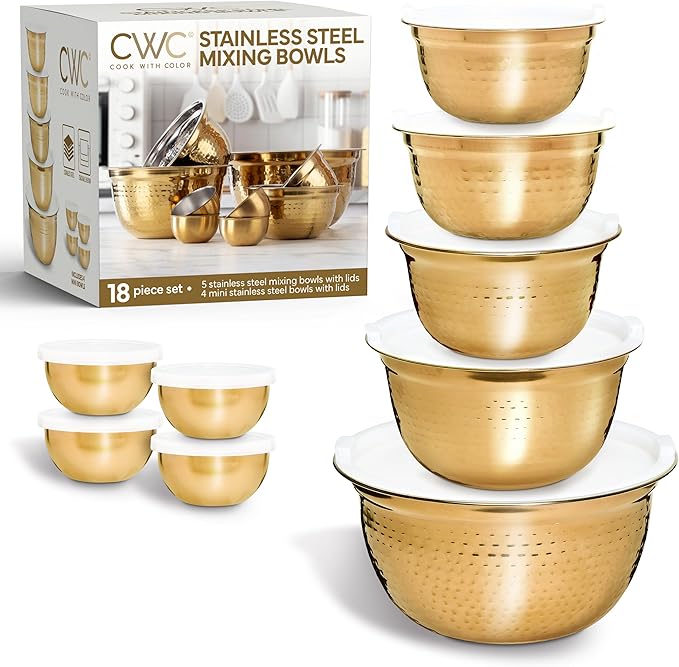 COOK WITH COLOR 18 Piece Mixing Bowls Set with Airtight Lids, Handcrafted Stainless Steel Bowls, Food Storage Containers, Meal Prep, Nesting Salad Bowls For Cooking, Baking, Kitchen, Gold- Hammered