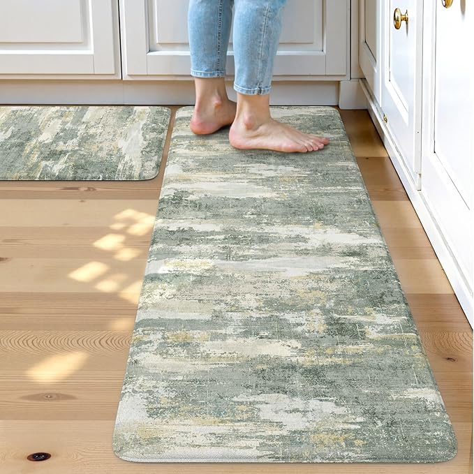 Collive Anti Fatigue Kitchen Mats, Grey/Green Abstract Kitchen Rugs Sets of 2 Non Slip Waterproof Standing Mat, Cushioned Comfort Desk Rug for Home Office, Sink, Laundry, 17"x29"+17"x47"