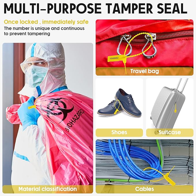 1000 Pcs Plastic Tamper Seals Fire Extinguisher Tags Security Tags Seals Safety Numbered Zip Ties Labels Safety Disposable Self Locking Signage 250 mm Length (Yellow)