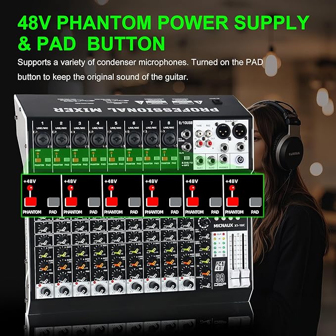 Audio Mixer 10 Channel Professional Sound Mixer Console with 99 DSP Effects, Mixing Board DJ Mixer w/USB, Bluetooth, 48V Power Supply, PAD Button for Recording Karaoke PA Drum Live Music