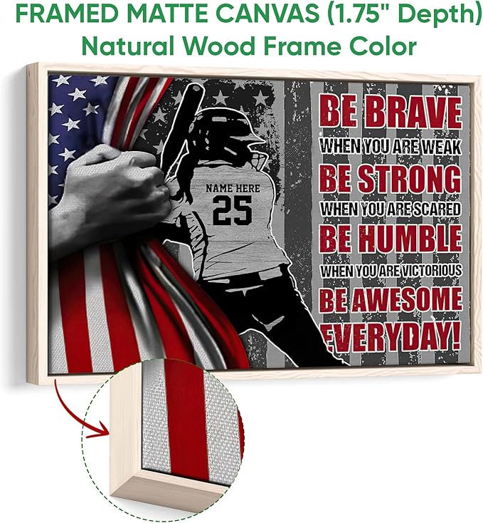 Personalized Softball Poster & Framed Canvas, Softball Player Be Awesome Everyday Home Office Decor, Custom Name Number Bedroom Living Room Aesthetic Wall Art Gift For Girl, Daughter