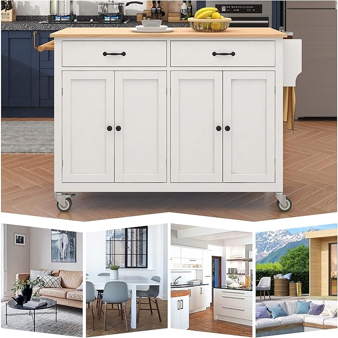Favfurish Kitchen Island Cart on Locking Wheels with 4 Cabinet and 2 Drawers, Rolling Coffee Bar Trolley w/Solid Wood Tabletop, Adjustable Shelves, Spice & Towel Side Rack, for Dining Room, White