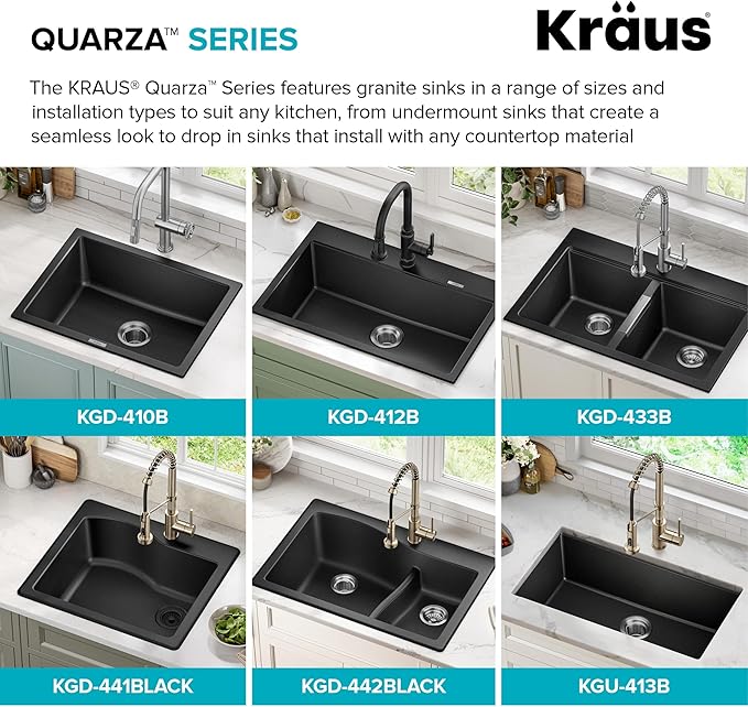 KRAUS Quarza 31-inch Drop-In/Undermount Single Bowl Granite Kitchen Sink in Black Onyx, KGD-412B
