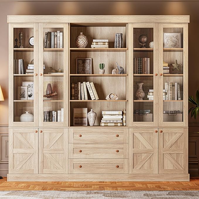 Vyre 71" Tall Farmhouse Kitchen Pantry – Large Storage Cabinet with Glass Doors & Adjustable Shelves, Versatile Wood Hutch for Living Room & Dining Room, Brown