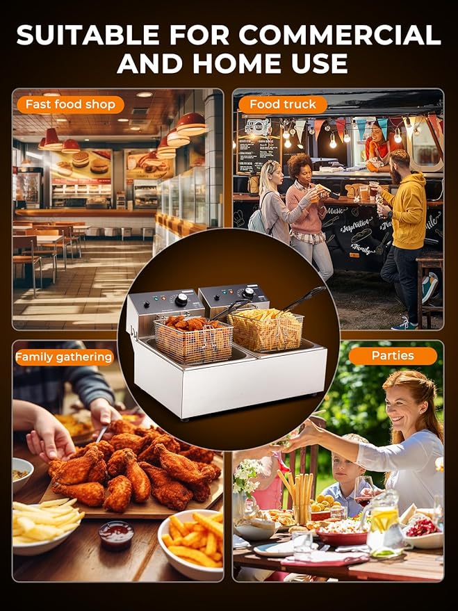 Commercial Deep Fryer with Basket, 3400W 20.7Qt Dual Tank Deep Fryer with Temperature Control, Large Capacity Stainless Steel Electric Countertop Fryer for Restaurant or Home Use