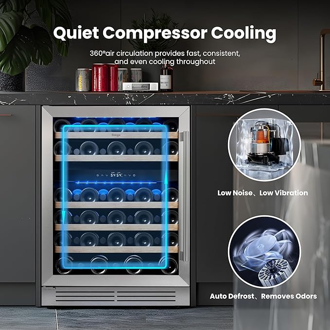 Yeego 24 Inch Wine Fridge Cooler - 52 Bottles Dual Zone Wine Cooler with Glass Door, 40-65℉ Built-In or Freestanding Refrigerator, Under Counter Wine Fridge for Kitchen Bar Office (Left-Hinged)