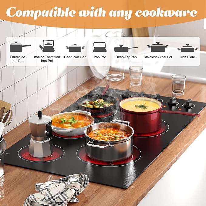 Karinear 36 Inch Electric Cooktop, Knob Control 5 Burner Electric Stove Top, Over-Temperature Protection, Hot Surface Indicator,36" Drop-in, Hard Wire 240V