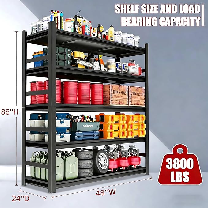 Garage Shelving Unit, 48"W x 24"D x 88"H, 5-Tier Heavy Duty, Steel Adjustable Shelf, 3800LBS, Garage & Basement Storage, Industrial-Grade Metal Shelves for Warehouses, Workshops, Black
