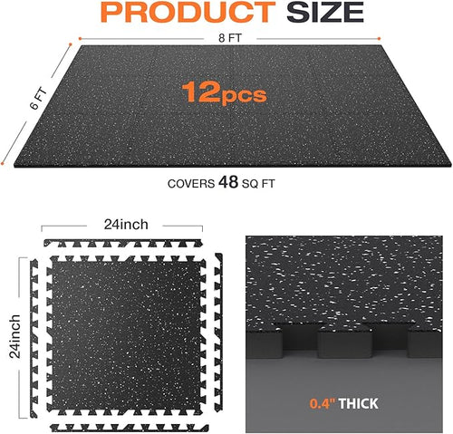 0.4'' Thick 12 Pcs 48 Sq Ft Non-Slip Rubber Top Exercise Equipment Mats, High Density EVA Foam Mats with Rubber Top, Interlocking Puzzle Gym Flooring for Home Gym, Workout Floor Mats, Black