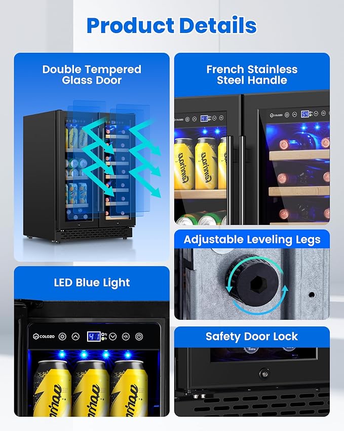 24 Inch Wine and Beverage Refrigerator Under Counter, Dual Zone Black Beverage Fridge with Glass Door&Lock,20 Bottles & 88 Cans Wine and Beverage Cooler, Freestanding Mini Fridge for Bedroom Home