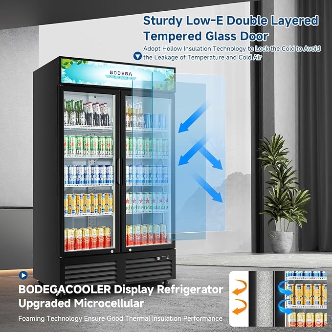 BODEGACOOLER Commercial Merchandiser Refrigerator,2 Glass Door Commercial Beverage Refrigerator, Beverage Display Cooler with Soft LED Light, Adjustable Shelves and 4 Strong Castors, 35.4 Cu. Ft,Black