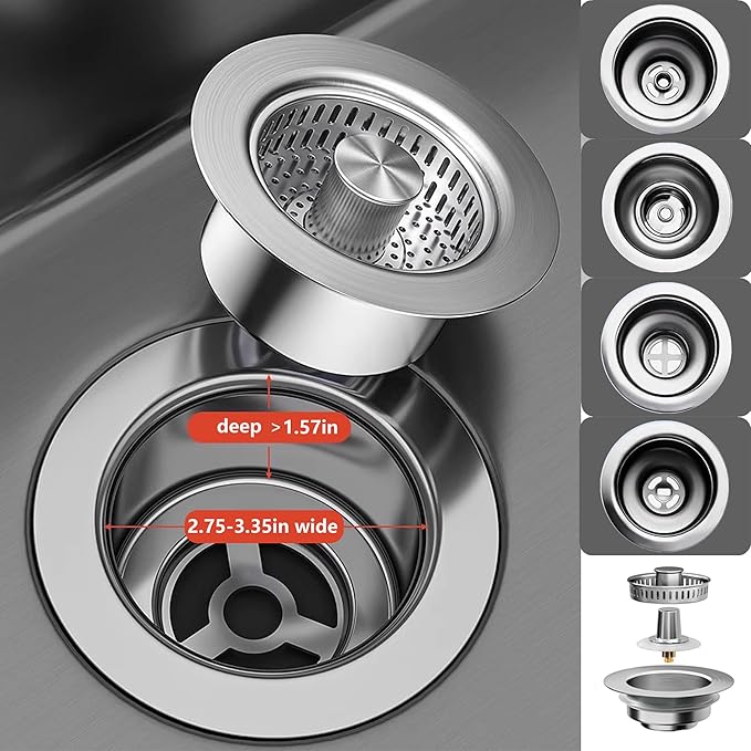 3 in 1 Pop Up Kitchen Sink Drain Strainer, with an Extra Basket Strainer, Kitchen Sink Drain Stopper for US Standard 3-1/2 Inch, Brass Material Electroplate Silver (Model C Stainless Steel)