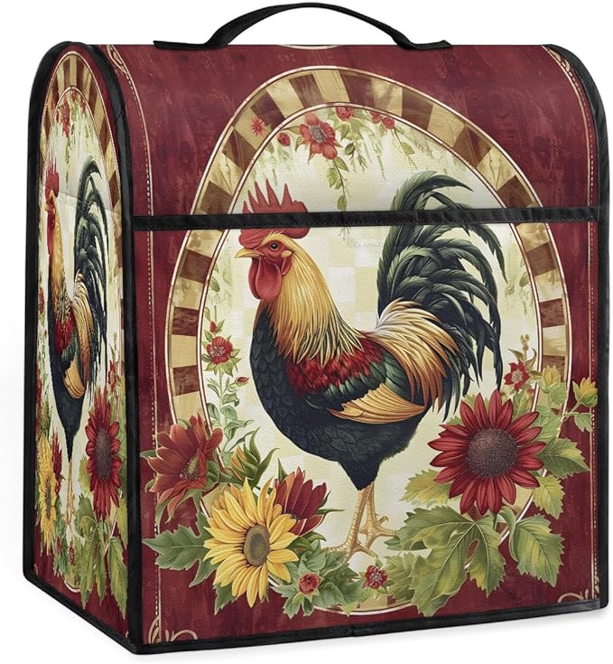 Kitchen Aid Mixer Cover Rooster Chicken Flower Vintage Stand Mixer Cover Compatible with 6-8 Quarts Stand Mixers, Dust Covers with Zipper Pocket Foldable Washable Kitchen Aid Organizer Bag
