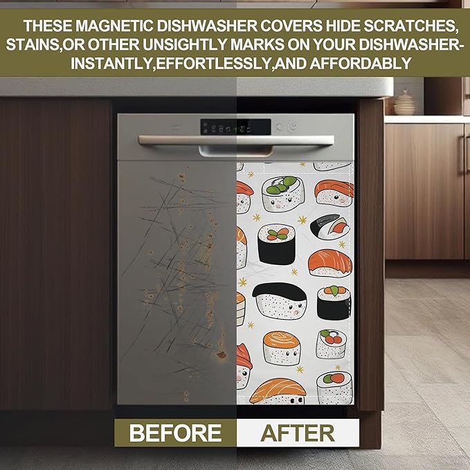 Japaness Sushi Print Dishwasher Magnets Decorative Cover,Magnet Fridge Panel Decal for Home Kitchen Decor,23x26 in
