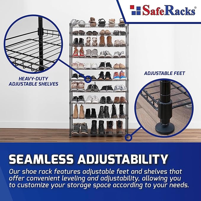 SafeRacks 10-Tier Shoe Rack - Black, Large Shoe Storage Organizer, 60 Pair, Heavy Duty Shoe Stand with Vertical Free Standing Shoe Shelf, Perfect for Entryway, Closet, Garage, & Bedroom Storage