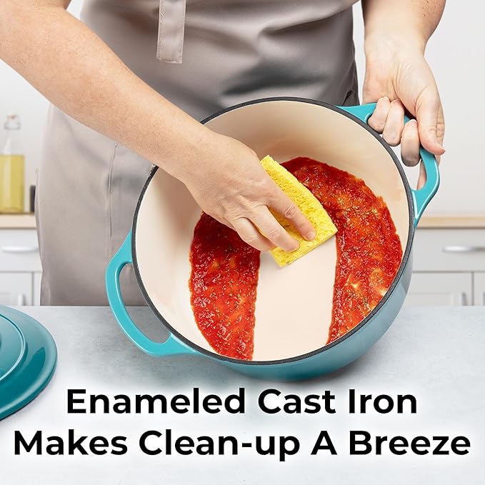 Zulay Kitchen 5 Quart Enameled Cast Iron Dutch Oven Pot with Lid – Premium Durability & Oven Safe up to 500°F – Heavy Duty Cookware Perfect for Bread Baking, Stews, Braising & Roasting – Light Blue