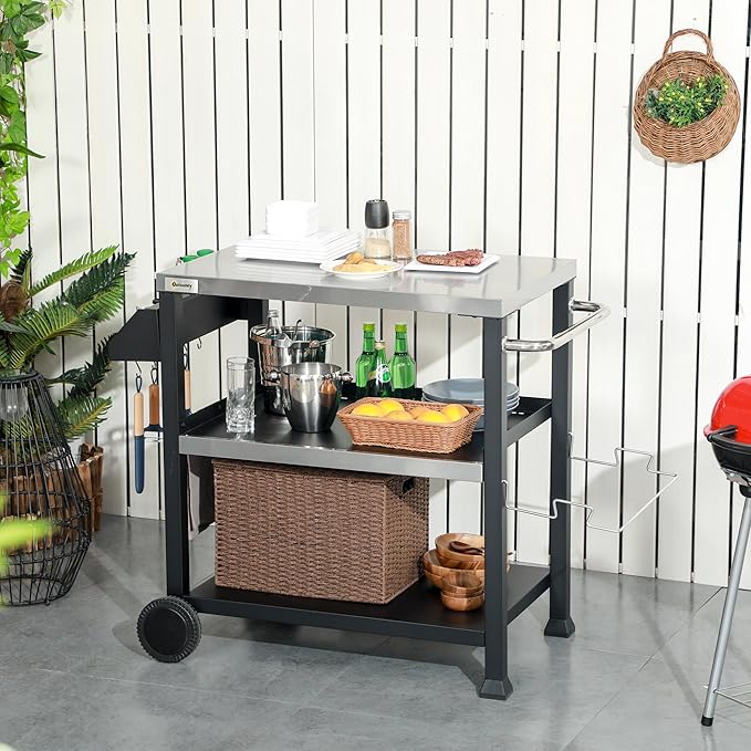 CHARMMA Three-Shelf Outdoor Grill Cart with Stainless Steel Tabletop, Side Handle, 32" x 20.5" Multifunctional Pizza Oven Stand, Movable Food Prep Table on Wheels, 39.25x25.50x33in
