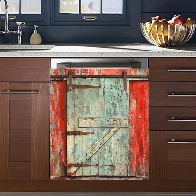 Paint Peeling Wood Door Dishwasher Decorative Cover, Vintage Barn Door Fridge Panel Decal, Dishwasher Skin Cover Sticker 23" W x 26" H Ordinary