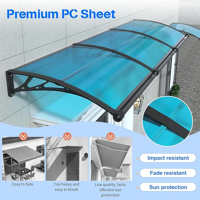 Awning for Door Entrance with Drainage Sink,40x40 Inch Awnings for Doors,Window Canopy Exterior with Plastic Steel Bracket,Polycarbonate Cover,UV,Rain,Snow Protection for House,Porch,Patio,Deck