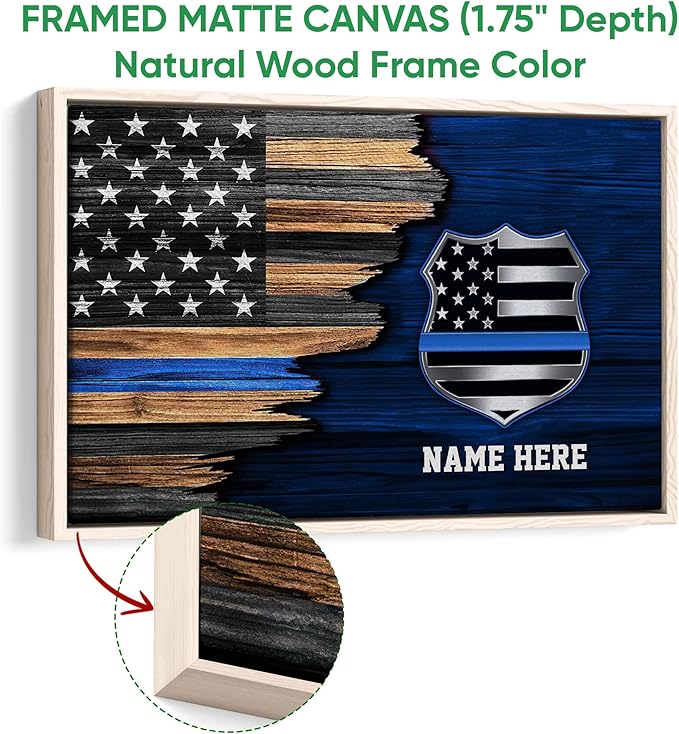 Custom Police Blue Line American Flag Back The Blue Personalized Name Poster & Framed Canvas, Wall Art Home Office Decoration Living Room Bedroom Aesthetic Decor