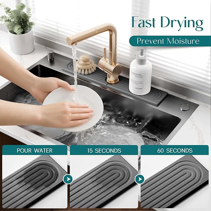 Diatomite Stone Sink Candy - Instant Dry Stone Sink Tray around Faucet, Prevents Moisture Buildup - Faucet Splash Guard for Bathroom Counter (Dark Grey, 20" x 3.9")