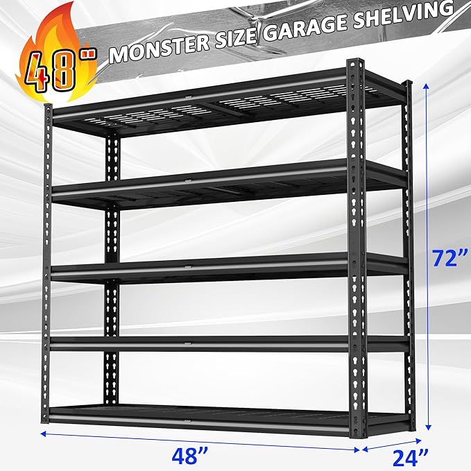 48" W Garage Shelves, 5-Tier Heavy Duty Garage Shelving Load 3030LBS, Adjustable Metal Storage Shelves, Wire Shelving for Warehouse,Industrial,Workshop,Basement, 48" W x 24" D x 72" H