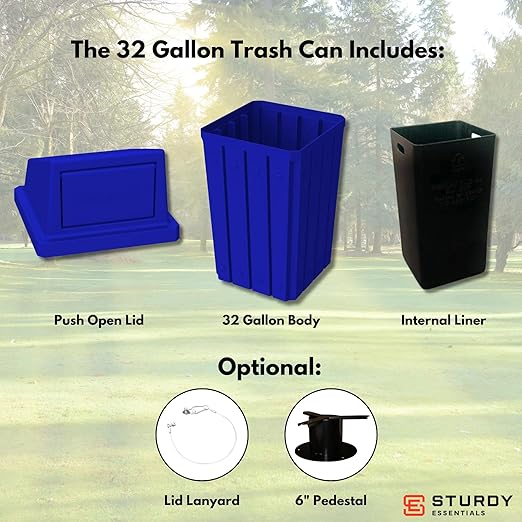 Campus Collection 32 Gallon Square Slatted 100% Recycled Plastic Heavy-Duty Commercial Outdoor or Indoor Trash Can with Push Top Lid | Great for Schools and Businesses - Blue