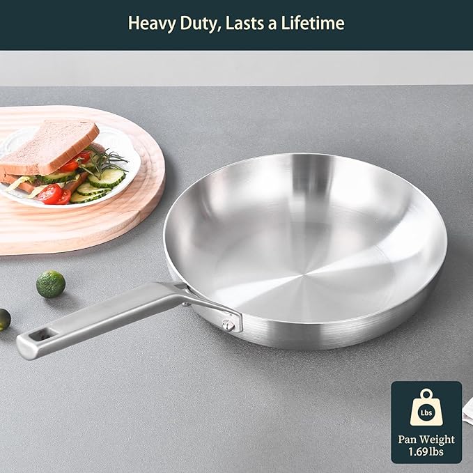 Tri-Ply Fully Bonded Stainless Steel Frying Pan, 10",With Tempered Glass Lid, Chef's pan,Skillets,Induction Pan Dishwasher and Oven Safe