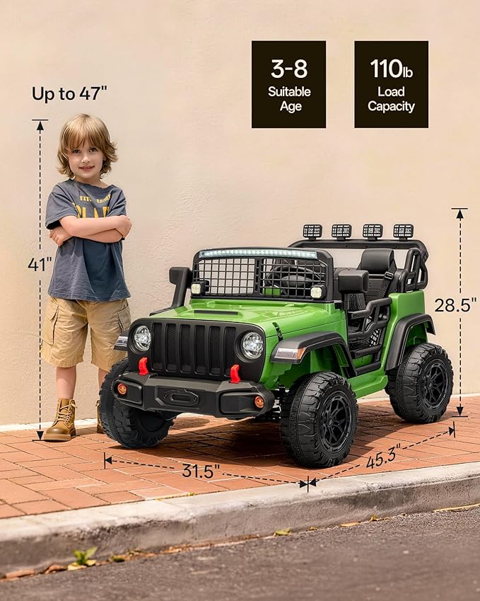 2 Seater Ride on Car Toy, 12V Electric Car for Kids 4-8 with Remote Control, Capacity 110 lb, LED Light - Green