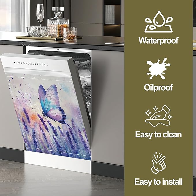 Dishwasher Magnet Cover,Purple Lavender Dishwasher Cover Magnetic Butterfly Home Appliances Refrigerator Decorative 23" x 26"