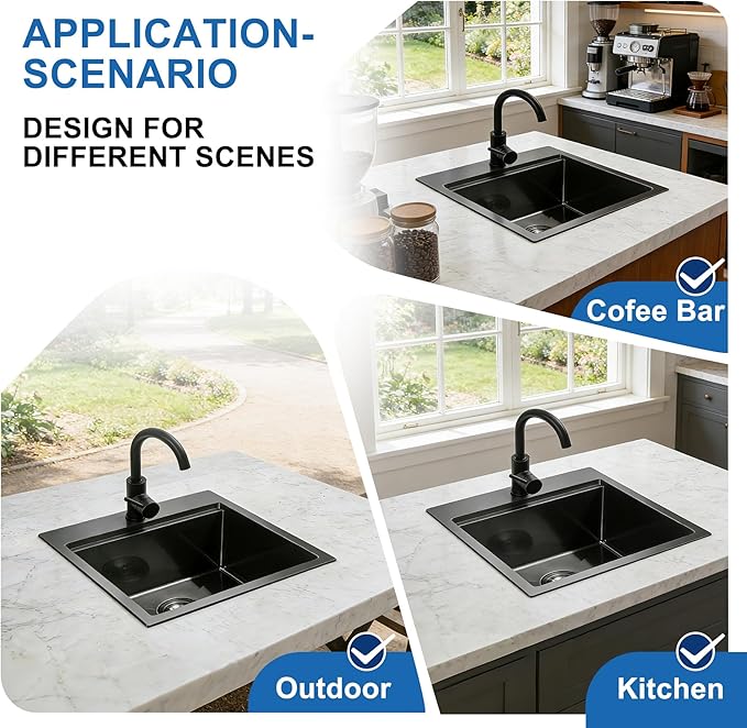 Scamall 18x18x10 Drop In Kitchen Sink Workstation, Nano Black 304 Stainless Steel Deep Single Bowl with Quick Drainage & Tarnish-Free Surface for Bar, Laundry, RV, Includes Accessories