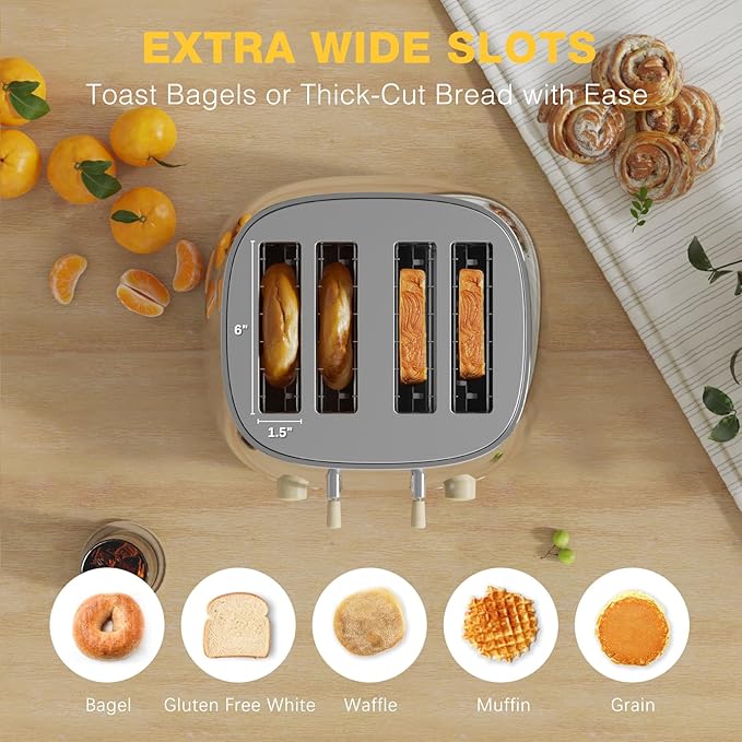 Toaster 4 Slice,Retro Stainless Steel Toaster with Extra Wide Slots, Dual Independent Control Panel, Cancel, Bagel, Defrost Function, Removable Crumb Tray (Silver)