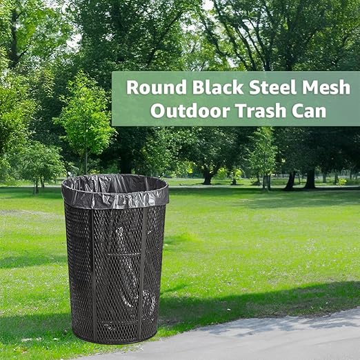 48 Gallon Mesh Recycle Container, Steel Outdoor Heavy-Duty Commercial Trash Can, Black Round Waste Bin, Durable Garbage Can for Municipalities, Schools, Parks, Parking