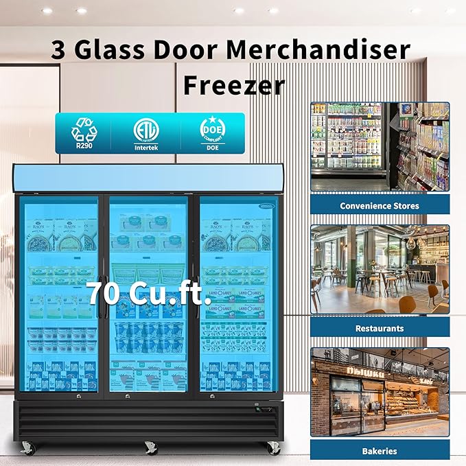 Glass Door Merchandiser Freezer 70 Cu.ft Swing Door Commercial Reach-In Display Freezers with LED Top Panel Upright Freeze Storage (3 Door)