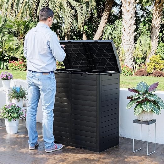 Outdoor Trash Can with Lid, Outdoor Trash Bin & Pull-Out Liquid Drawer, Dual Lid Closure Design, Waterproof Resin Garbage Can Container for Patio, Backyard, Deck (Black, 76 Gallon)