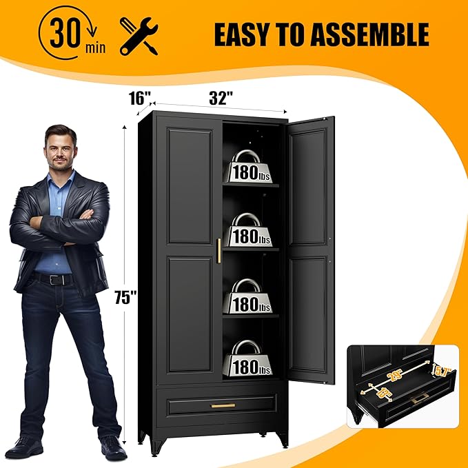 75" Tall Metal Storage Cabinet, Kitchen Pantry Storage Cabinets with Doors and 3 Shelves, Black Pantry Cabinet with Drawer, Utility Kitchen Cupboard, Large Steel Cabinets for Dining Room
