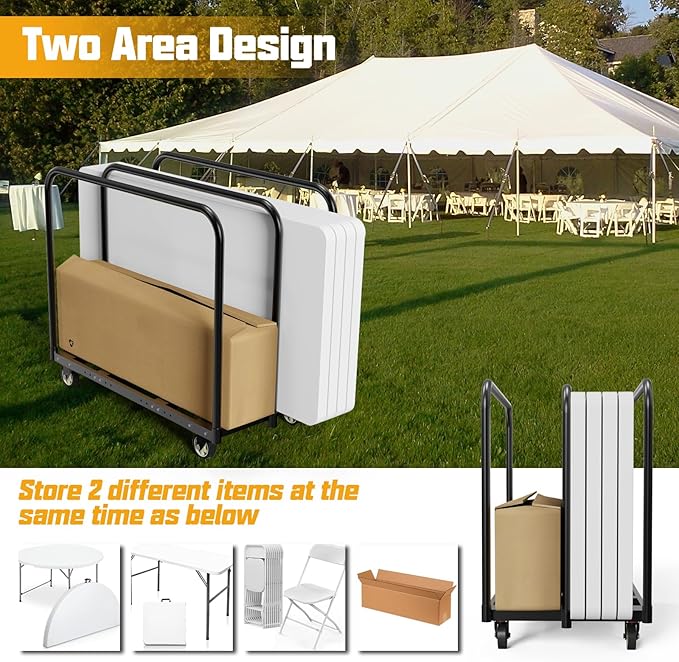 Folding Table Cart, Table Dolly with Swivel Caster Transport 6-8PCS Rectangular,Round Folding Tables 24In Width Panel Cart Have 3 Pole for Separating Area&Detachable Design Easy to Through Doorway