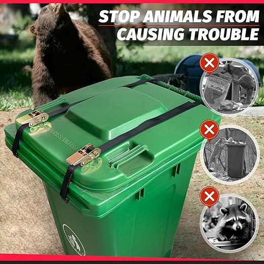 2PCS Trash Can Locks for Animals– Raccoon Bear Proof Trash Bin Lock,Tool-Free, Adjustable Trash Lock Strap, Keep Camping Trash and Outdoor Bin Security, Suitable for ONE-Handed Trash Cans Lid