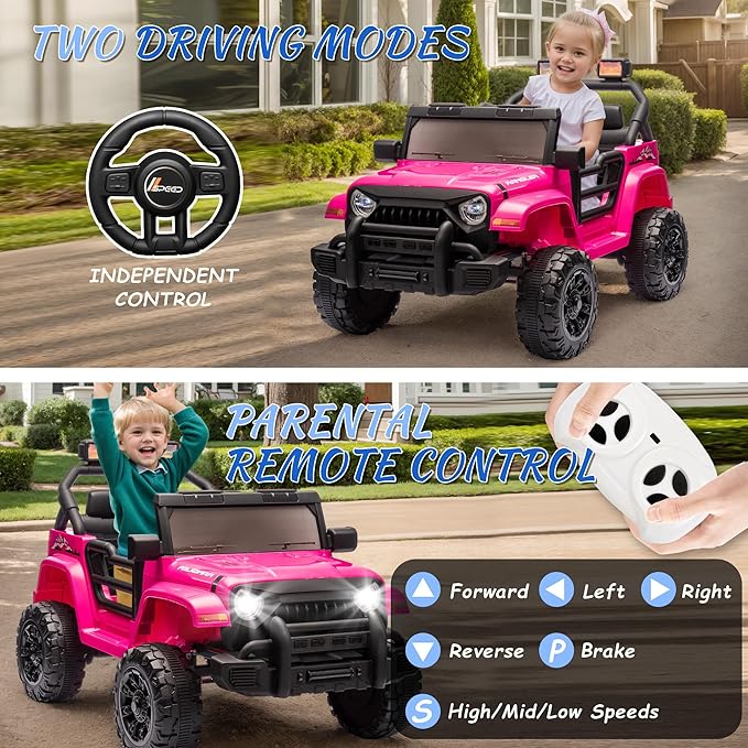 Ride on Truck Car, 12V Kids' Electric Vehicles W/Parents Control, Ride on Toys for Toddlers with Music, Bluetooth, Four-Wheels Suspension, USB, Headlights, Pink