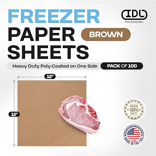 Brown Freezer Paper Sheets 12" x 12", Pack of 100 - USA-Made Paper Sheets for Long-Term Freezing of Meat & Fish - Freezer Pads for Quilting - Bakery Tissue Wraps for Food Storage by IDL Packaging