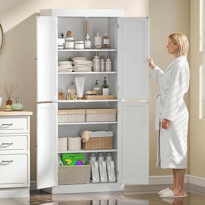 HOMCOM 72.5" Tall Kitchen Pantry Cabinet, Freestanding Modern Farmhouse Kitchen Storage Cabinet with 4 Doors and 2 Adjustable Shelves for Dining Room, White Wood Grain
