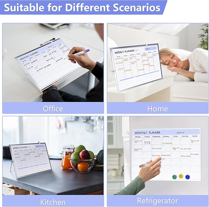 3 in 1 Blue Magnetic Dry Erase Weekly Planner&Monthly Calendar& 16"x12" Double Sided Magnetic Desktop Whiteboard with Stand,8 Markers, 4 Magnets, 1 Eraser for Office,School,Home